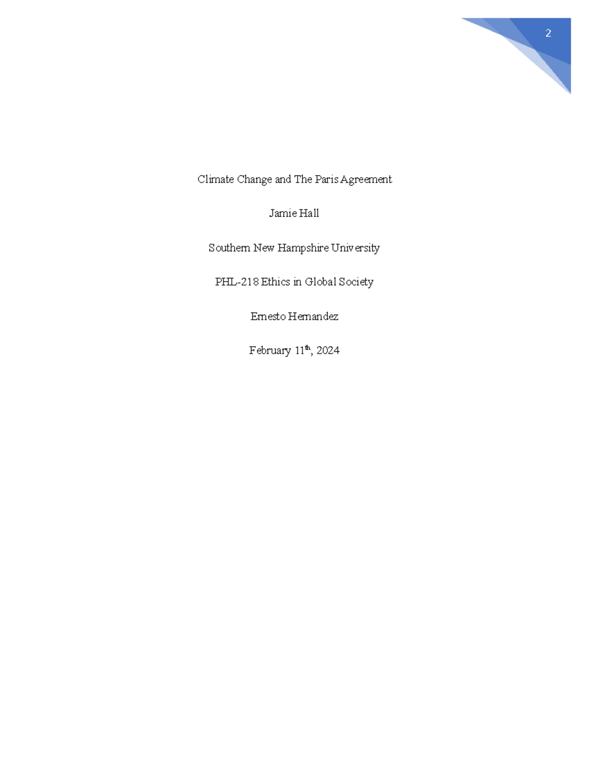 PHL-218 Final Exam: Global Ethics & The Paris Agreement