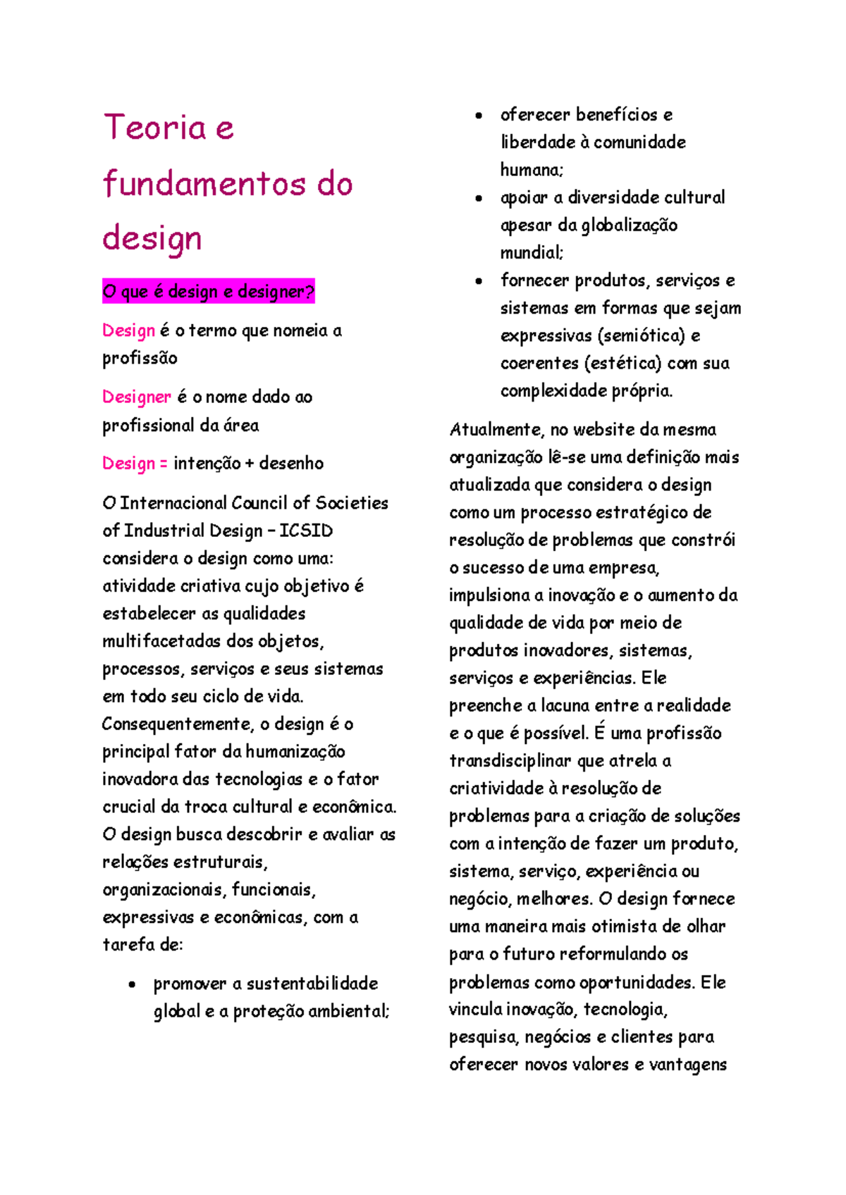 Resumo da disciplina de Teoria e Fundamentos do Design - Design de ...