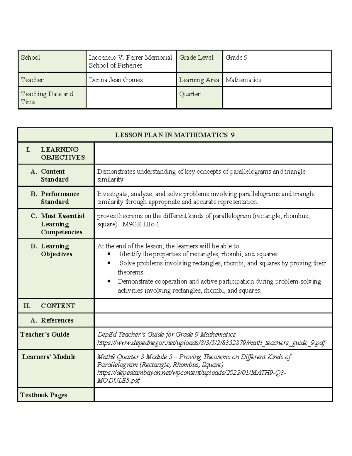 Grade 9 Mathematics Lesson Plan: Properties of Parallelograms - Studocu