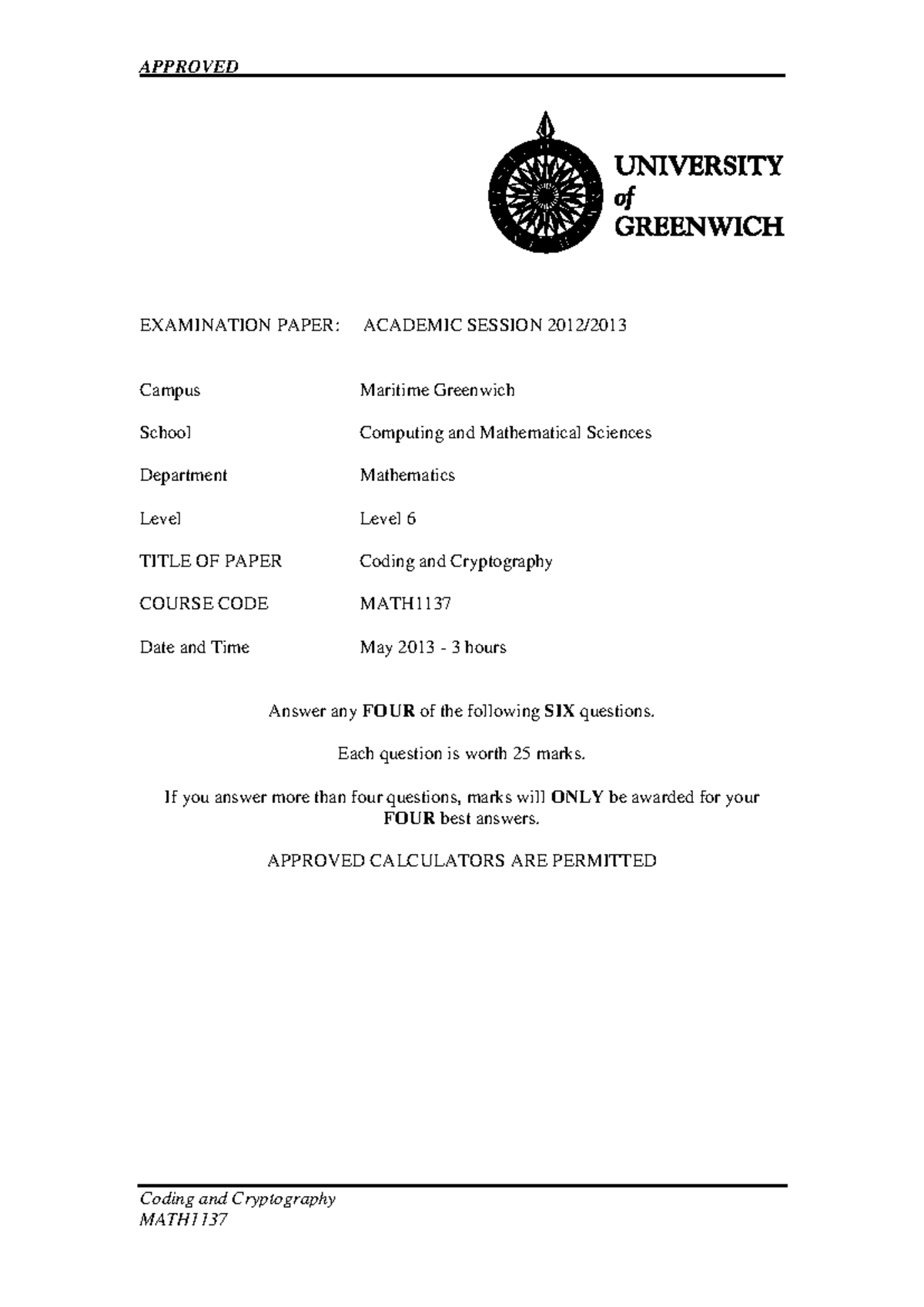 Coding and Cryptography MATH: Exam Questions from May 2013-2015 - Studocu