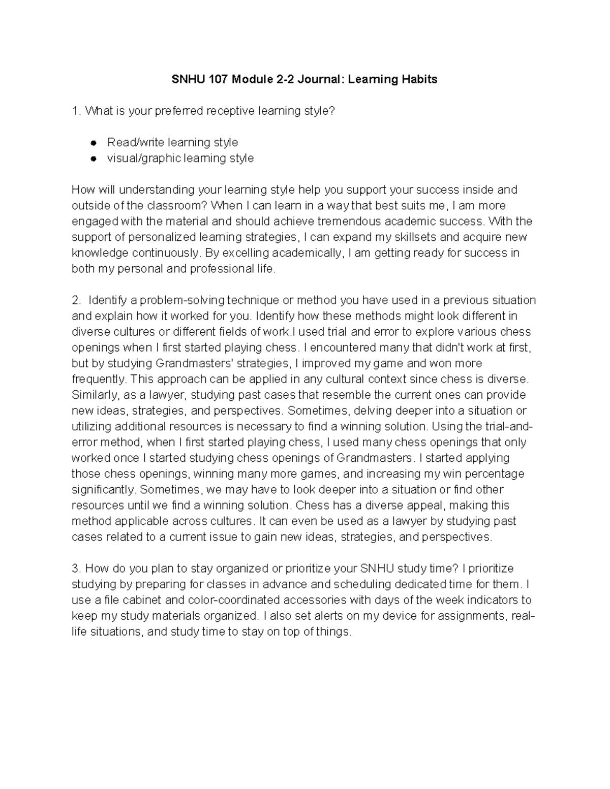 SNHU 107 Module 2-2 Journal: Analyzing Learning Habits and Strategies ...