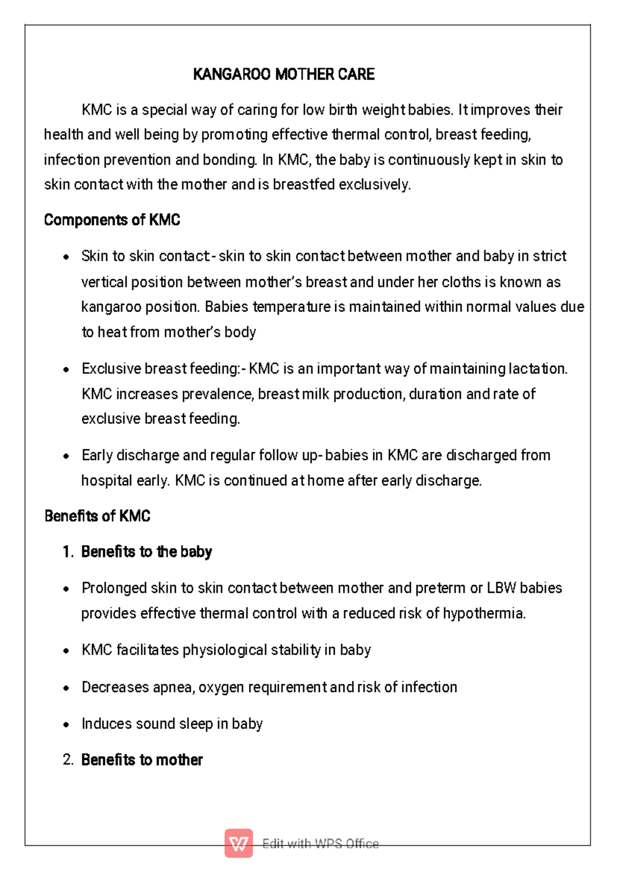 KMC Pediatrics Nursing Notes: Insights on Kangaroo Mother Care - Studocu