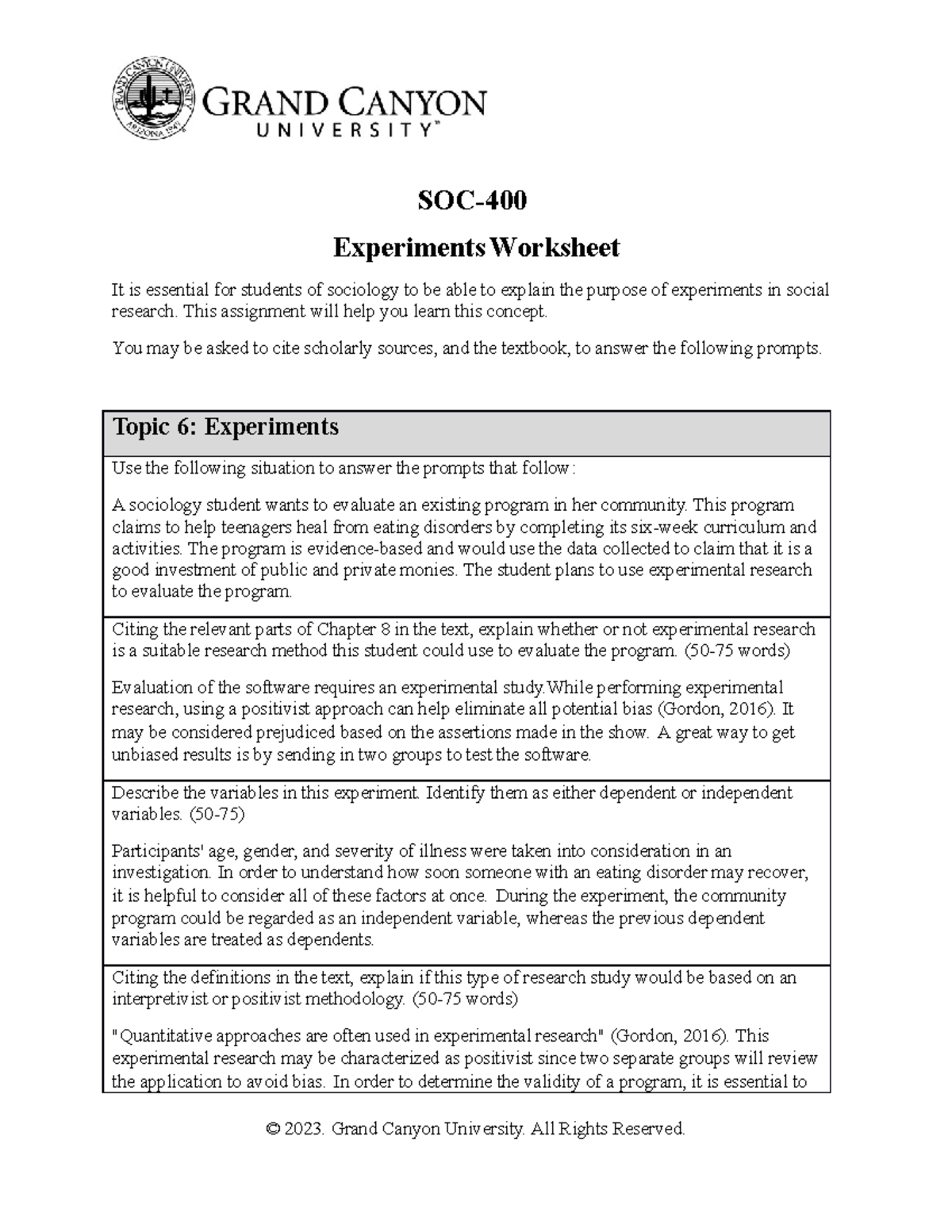 SOC-400 Experiments Worksheet - SOC- Experiments Worksheet It is ...