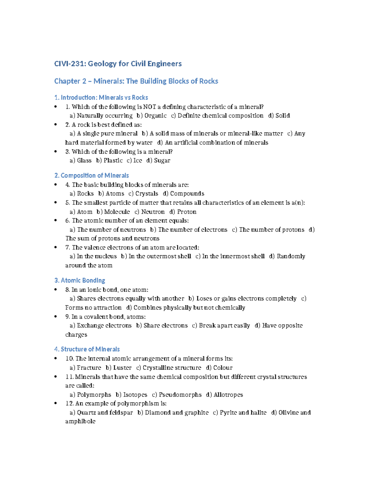 Geology for Civil Engineers (GCE 101) Chapter 2 MCQs on Minerals - Studocu