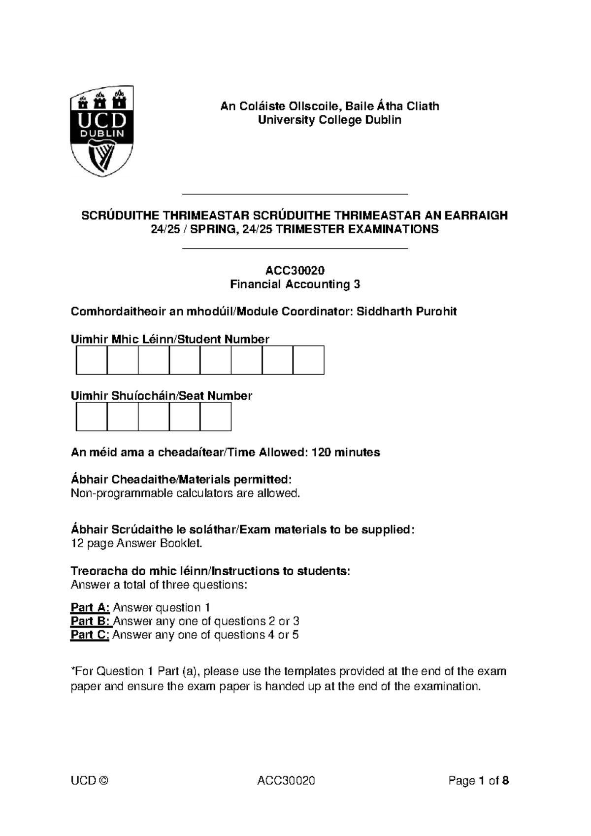ACC30020 Financial Accounting 3 Spring 2025 Final Exam Paper - Studocu