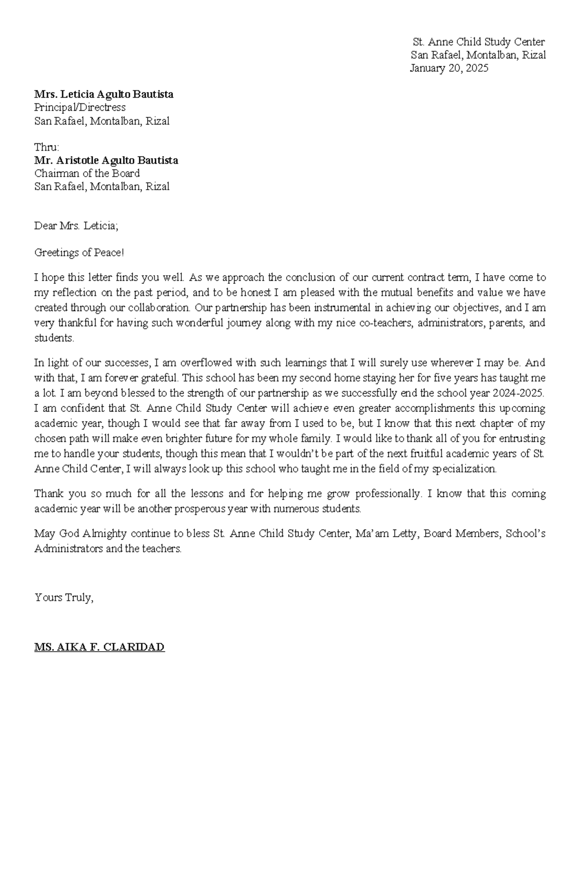 Letter OF Resignation - TITLE - St. Anne Child Study Center San Rafael ...