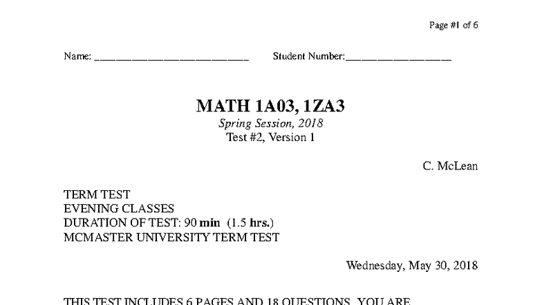 MATH 1A03, 1ZA3 Spring 2018 Term Test - Evening Classes - Studocu
