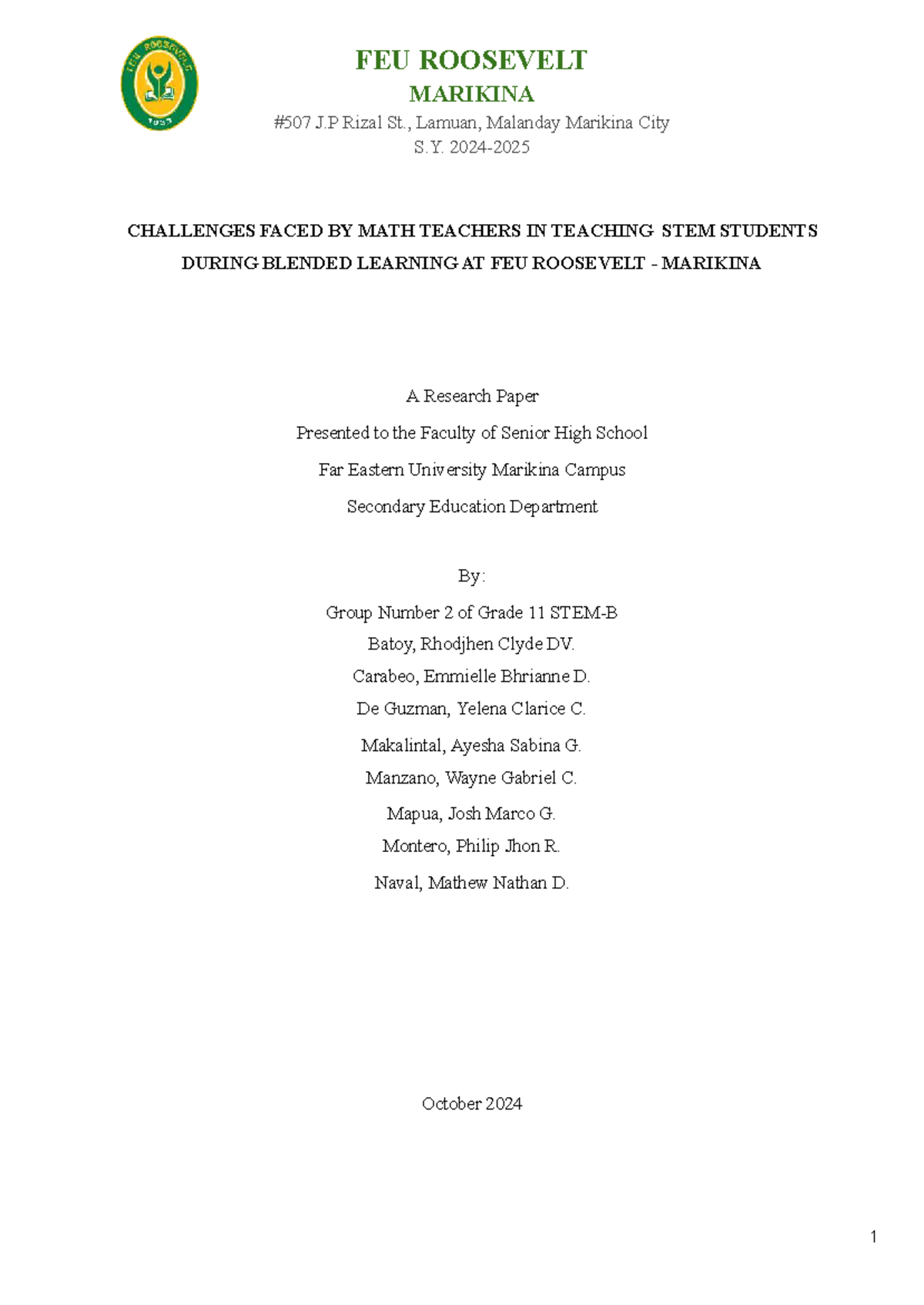 PR 1 Group 2 (STEM B) - Challenges Faced by Math Teachers in Blended ...