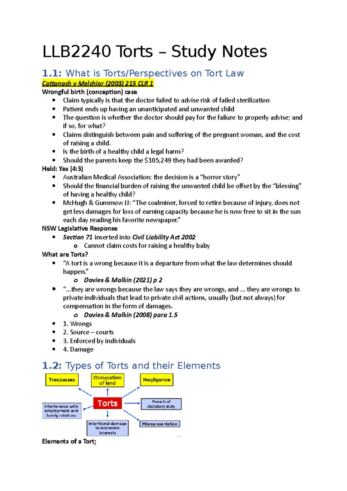 Torts - Study Notes - LLB2240 Torts – Study Notes 1: What is Torts ...