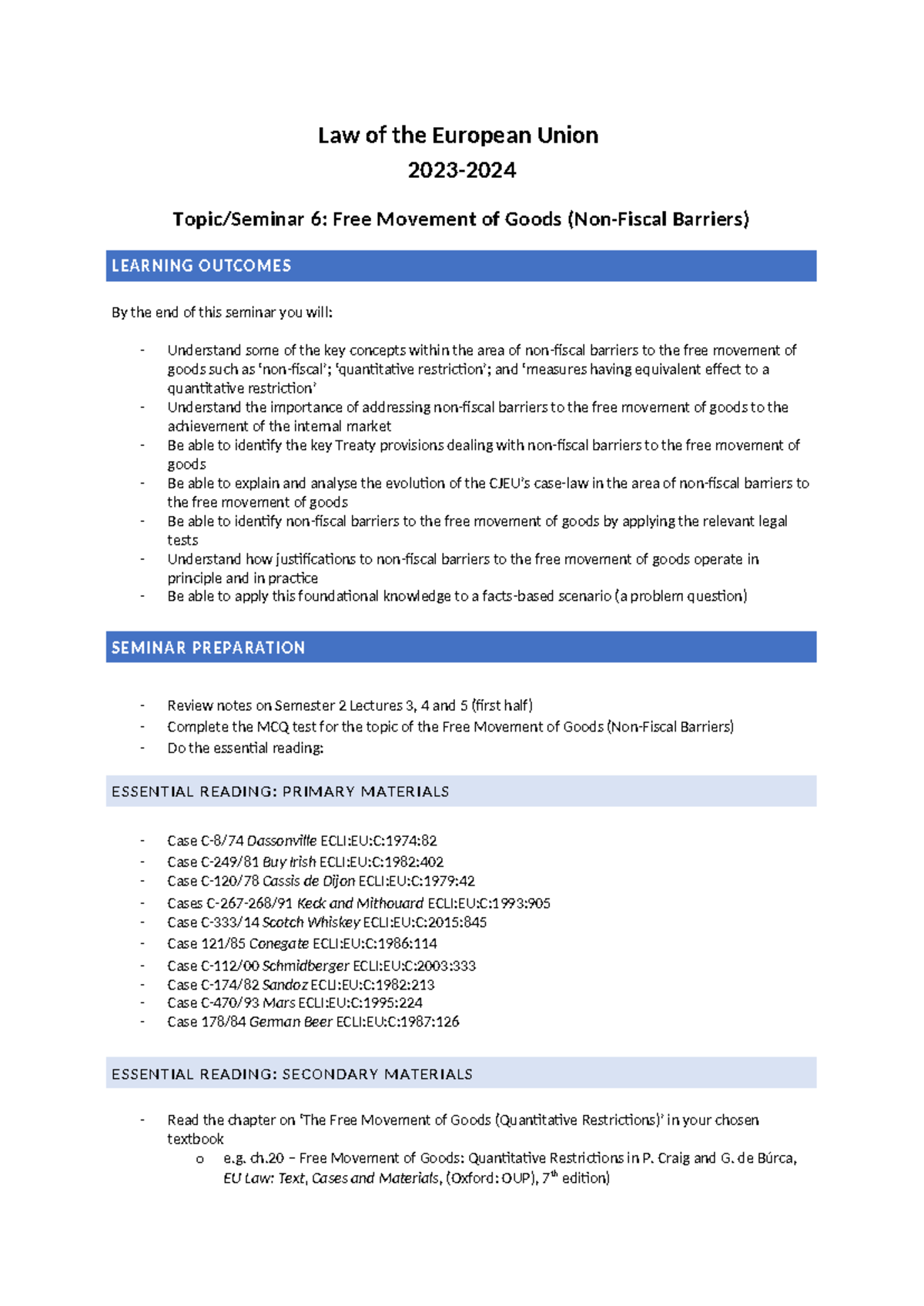 Preparation Guide - Law of the European Union 2023- Topic/Seminar 6 ...