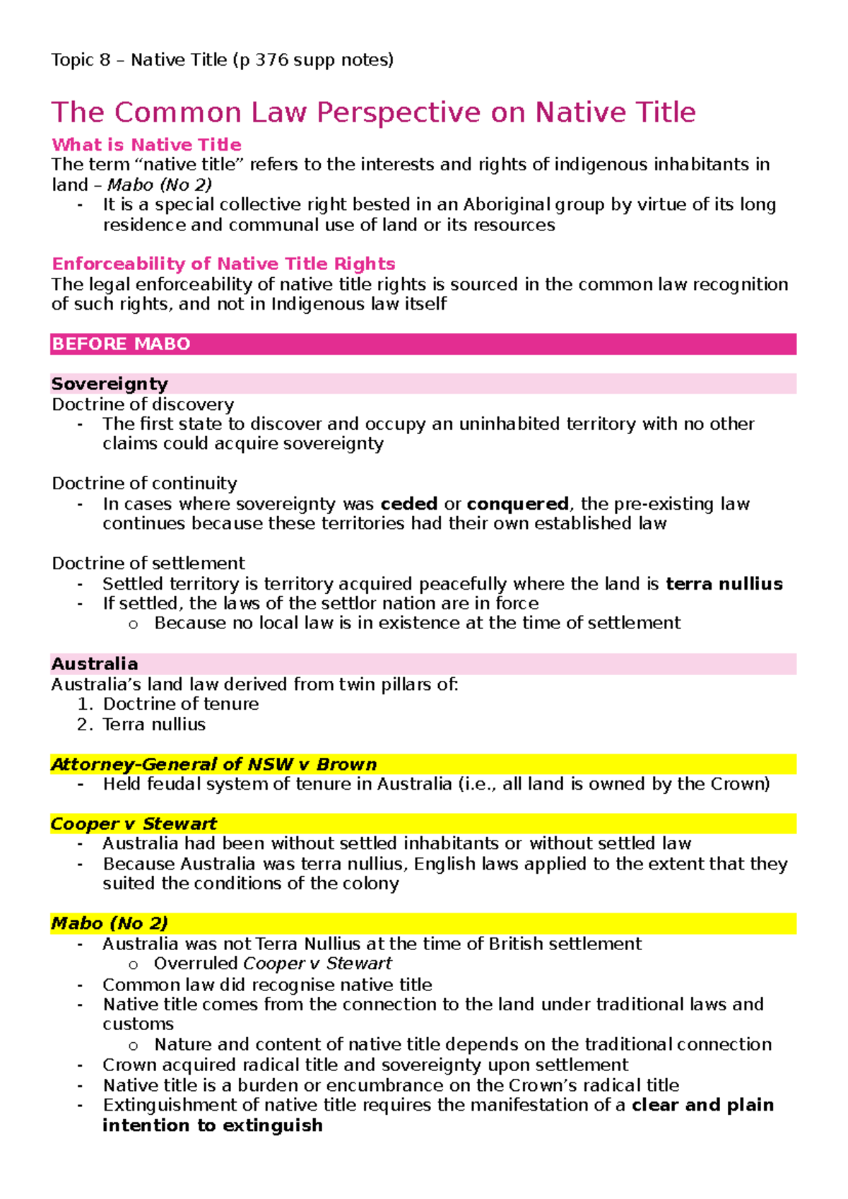 Topic 8: Native Title - Common Law Perspectives and Key Cases - Studocu