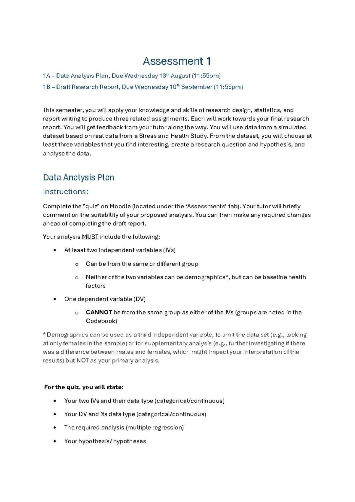 PSY3062 Assessment 1: Data Analysis Plan & Draft Research Report 2025 ...