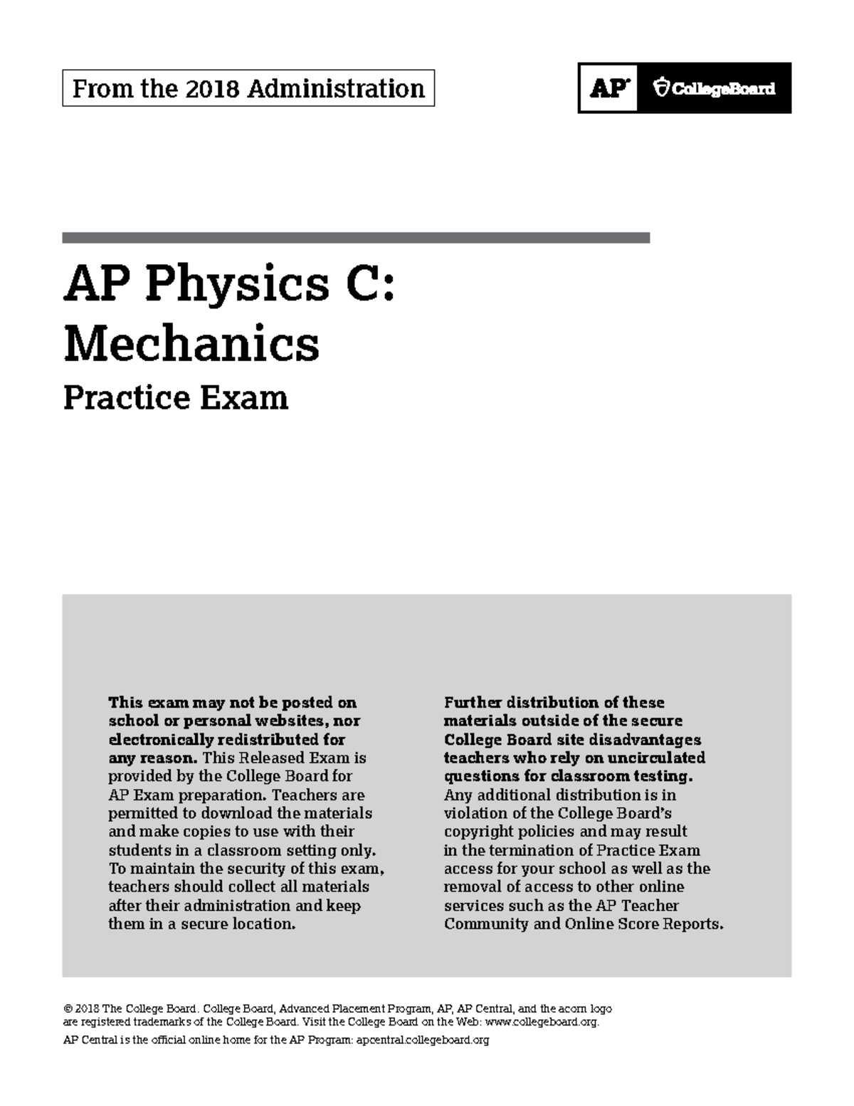 AP Physics C: Mechanics 2018 - Practice Multiple Choice Exam - Studocu
