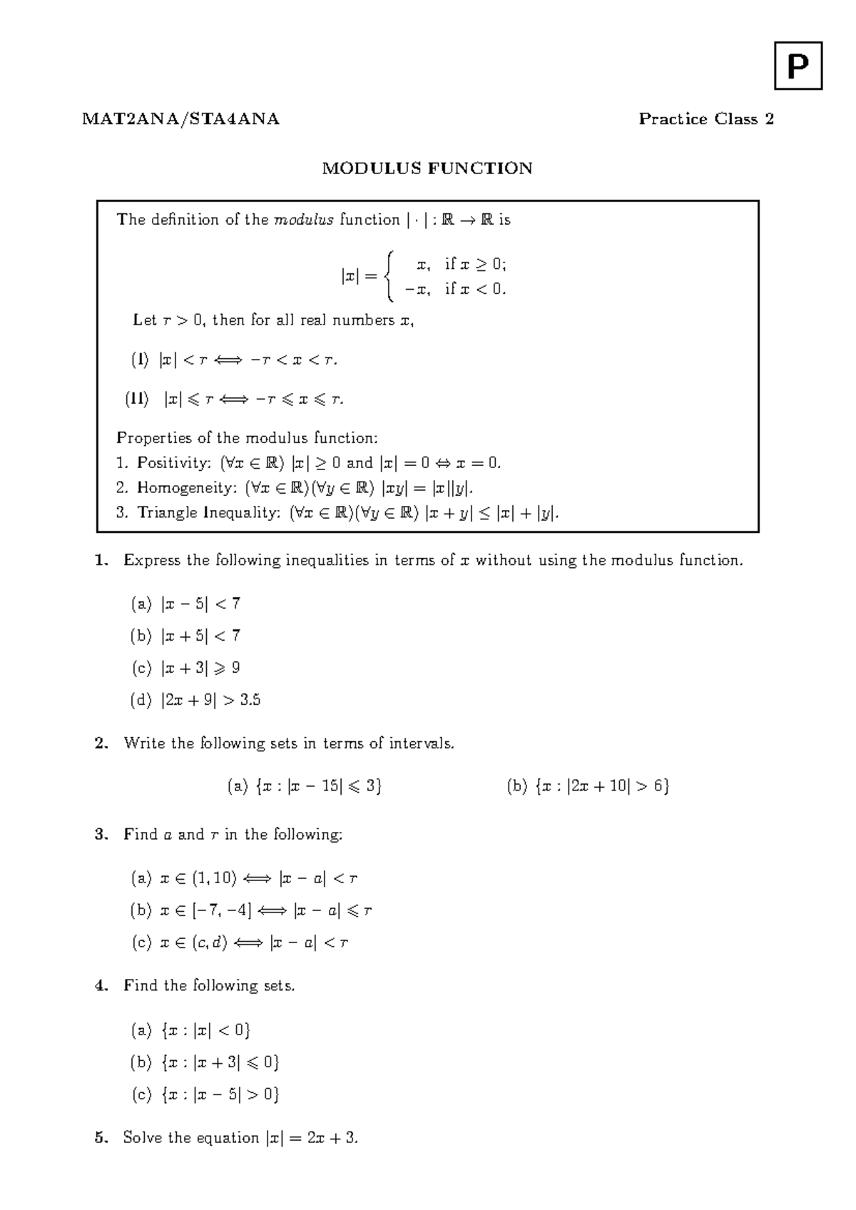 2ana pc02 - Practicals - P Practice Class 2 MODULUS FUNCTION The ...