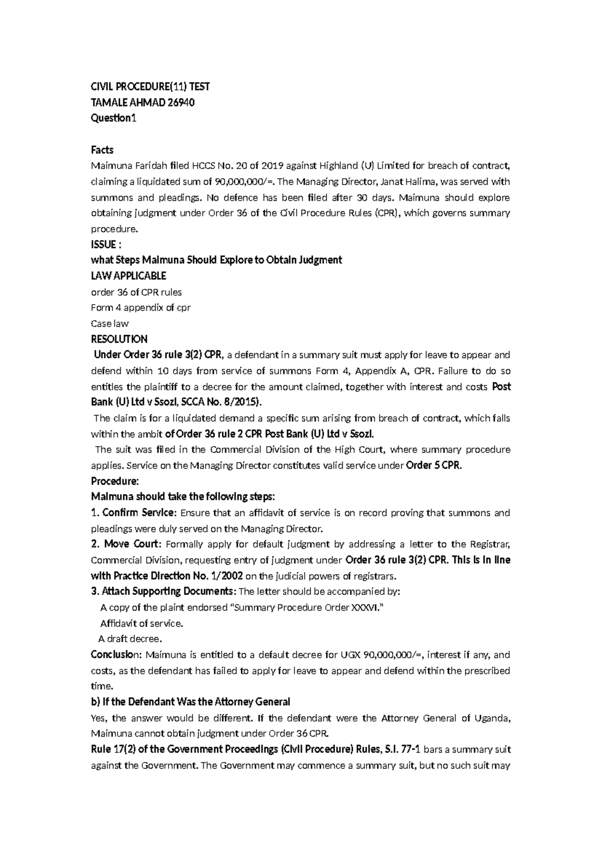 CIVIL PROCEDURE (11) TEST: Steps for Default Judgment under Order 36 ...