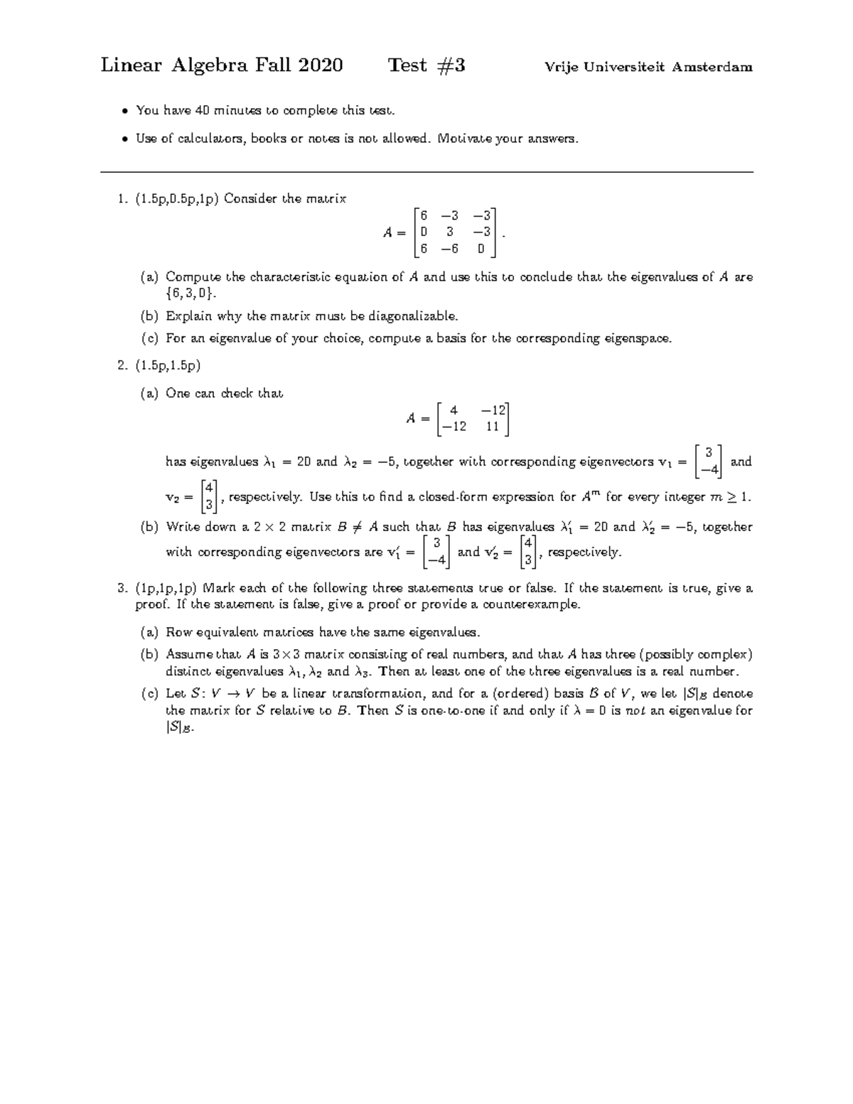 Linear Algebra LA 3 Test - Fall 2020 at Vrije Universiteit Amsterdam ...