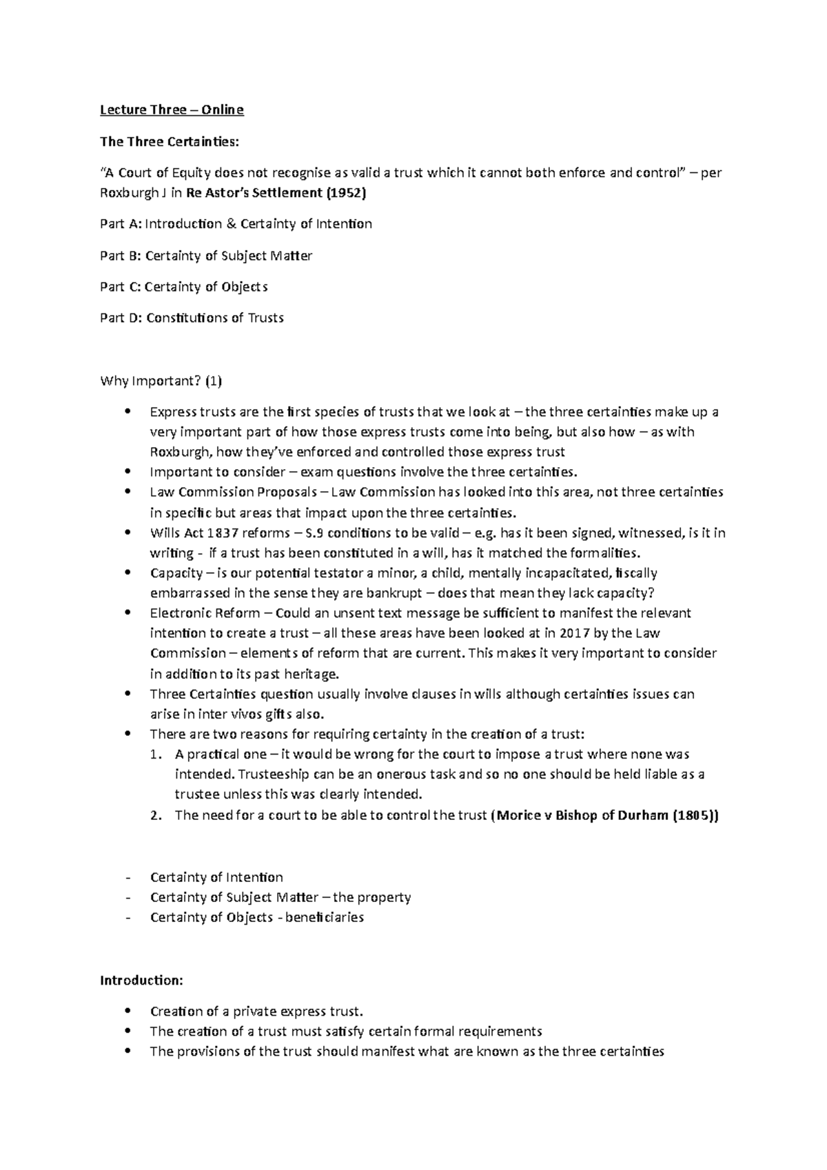 Lecture 3: The Three Certainties in Trust Law (Course Code: LAW101 ...
