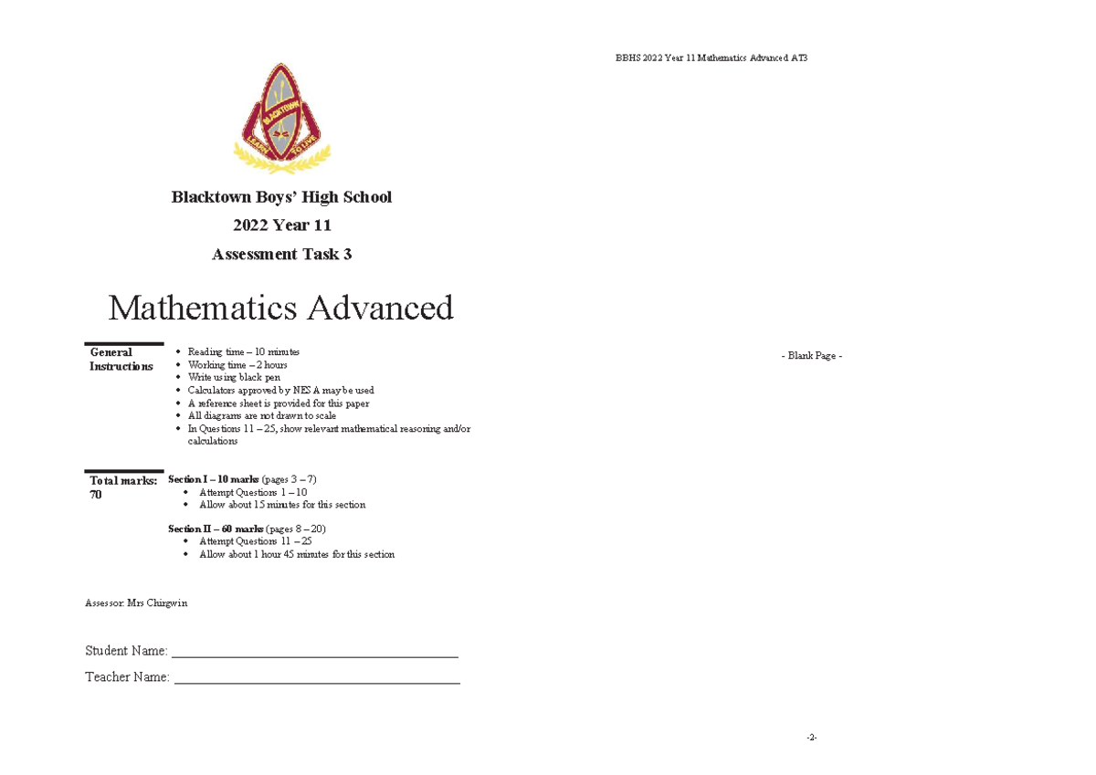 BBHS 2022 Year 11 Mathematics Advanced AT3 Assessment Task - Studocu