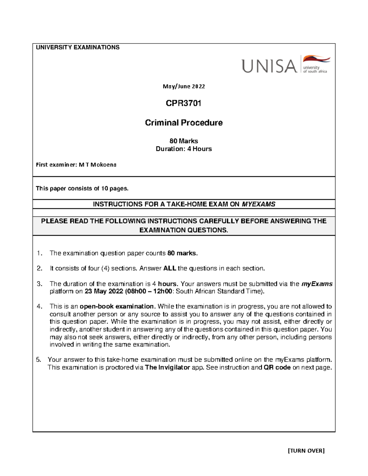 CPR3701 May 2022 - Past Exam Question Paper on Criminal Procedure - Studocu