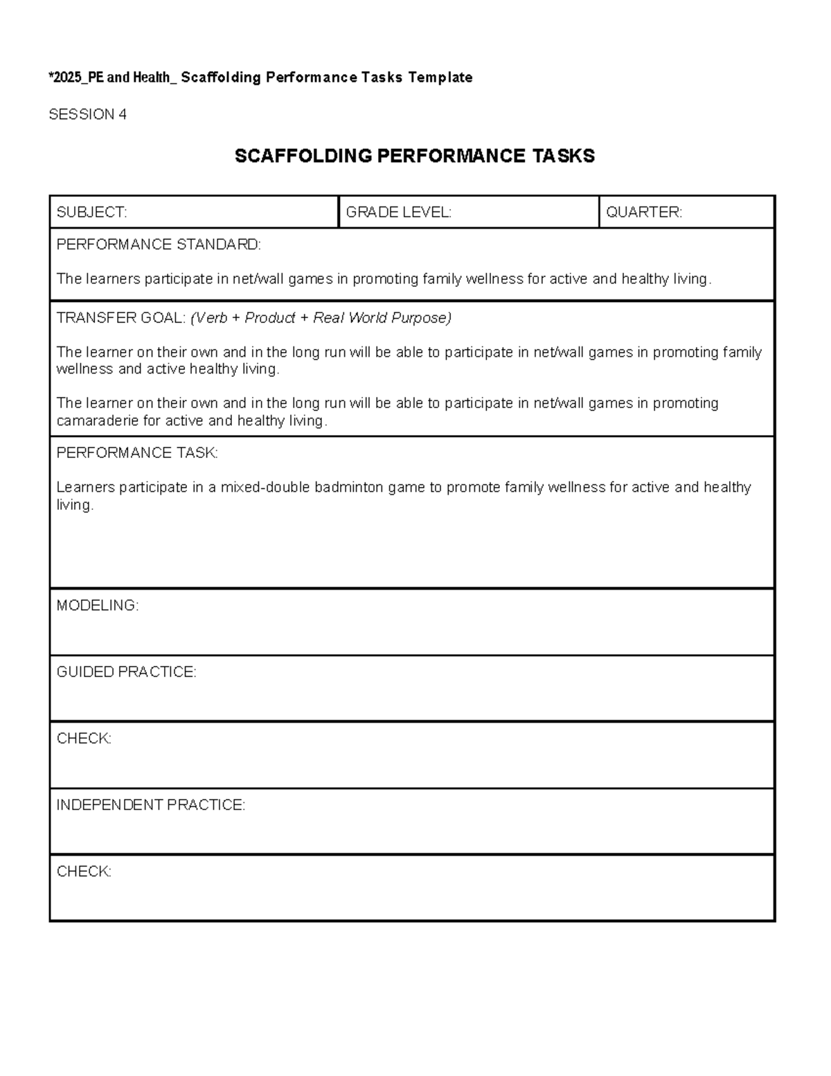 Health Scaffolding Performance Tasks Template: Session 4 - Studocu