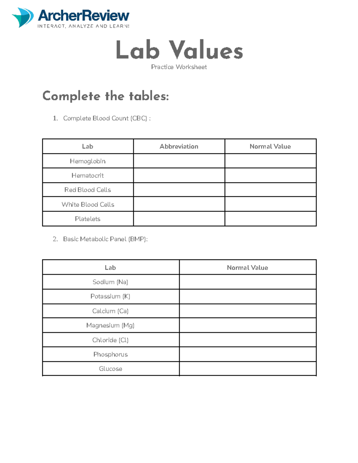 Lab Values Practice Worksheet for Nursing (NUR 101) - Studocu