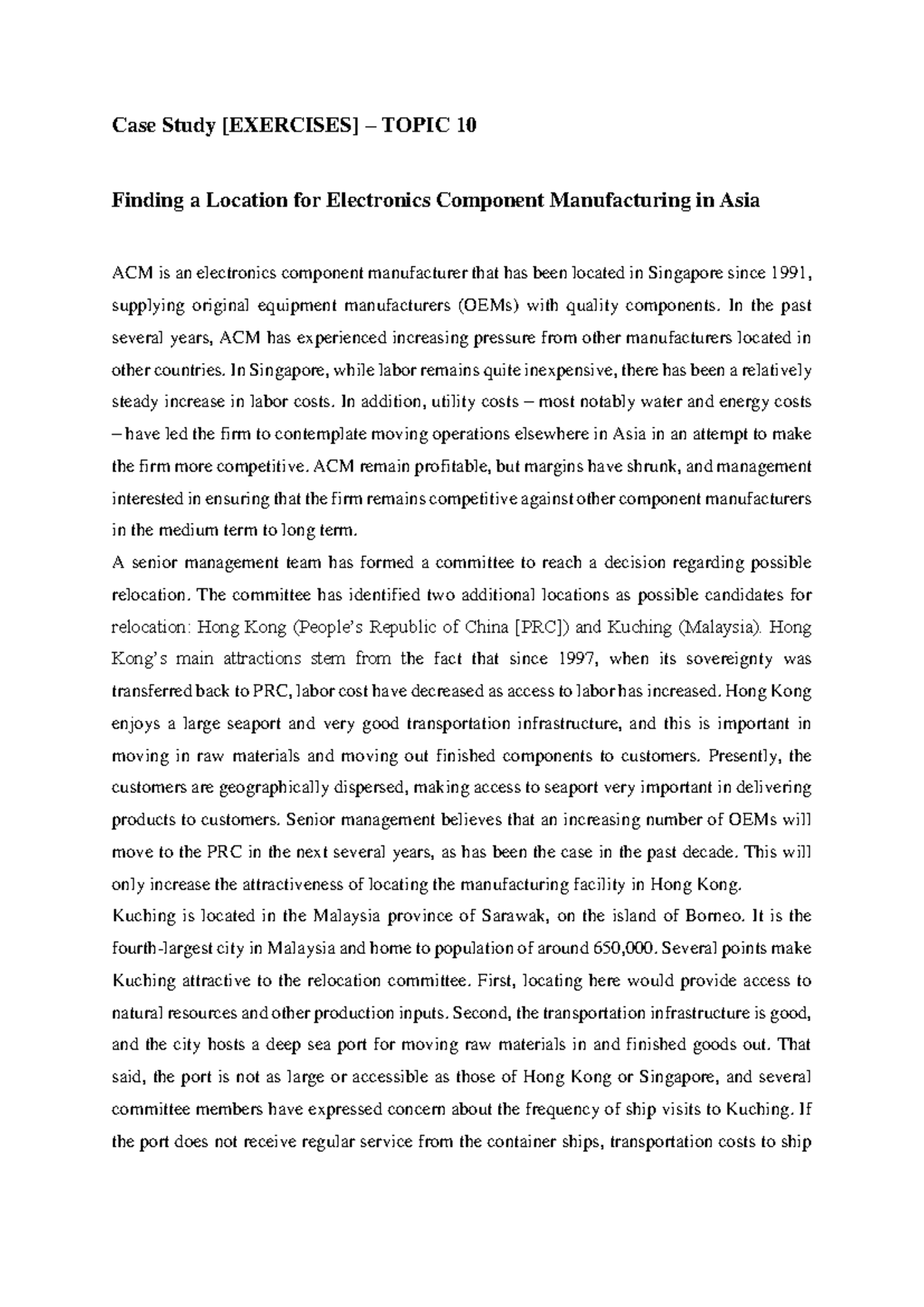 Topic 10 Case Study (DOM5014): Relocation Options for ACM Manufacturing ...