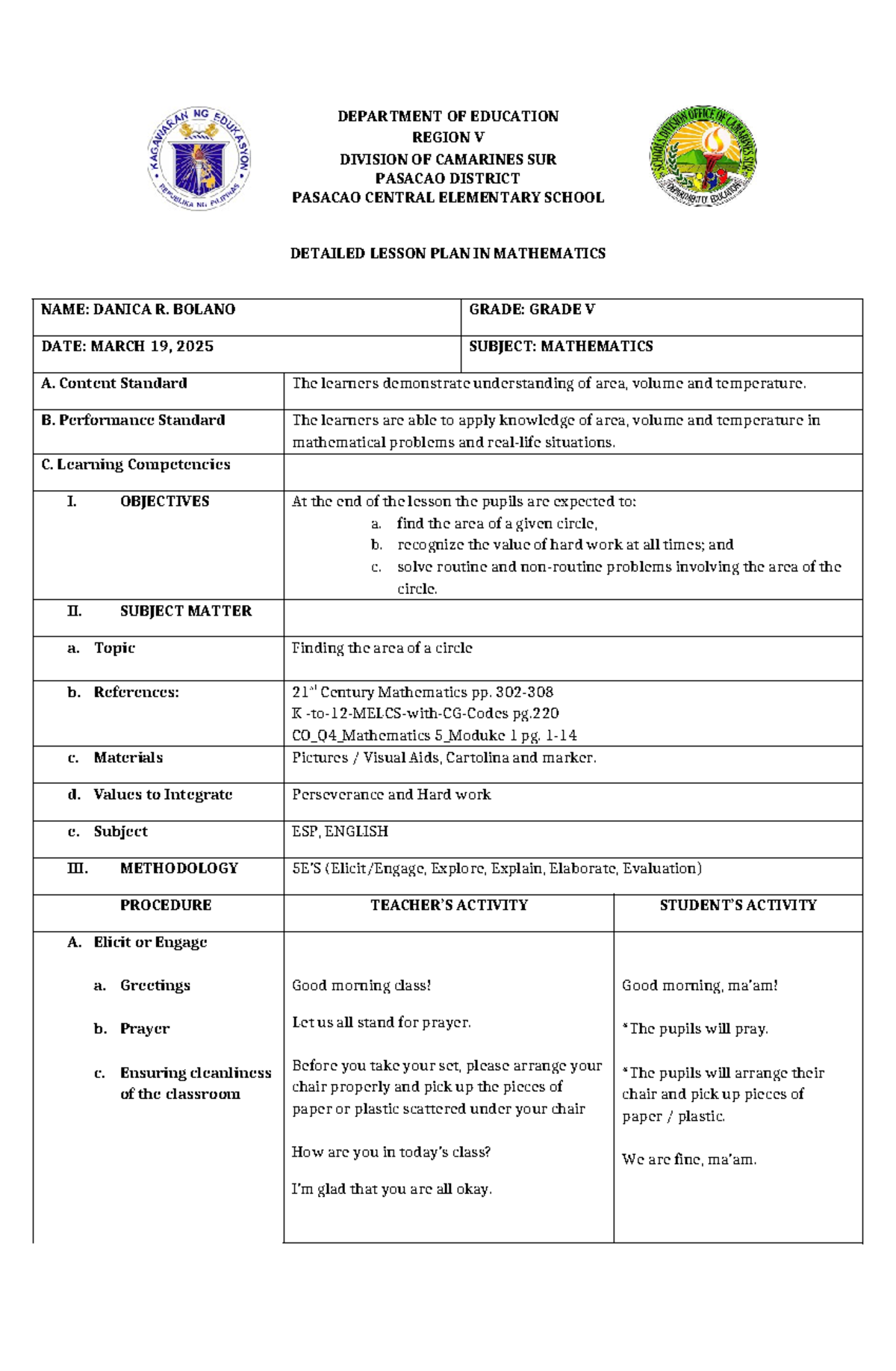 5E's Detailed Lesson Plan in Mathematics 5 Q4: Area of a Circle - Studocu