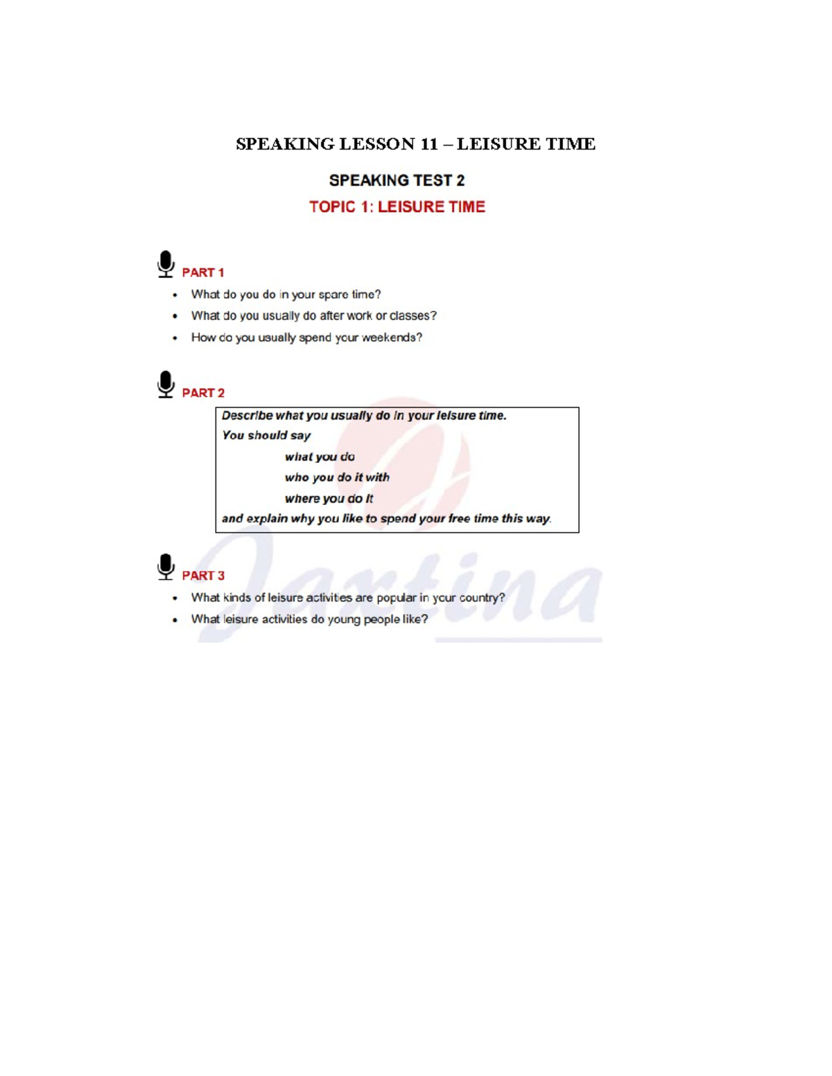 Speaking Lesson 11 - Leisure Time Activities and Vocabulary - Studocu