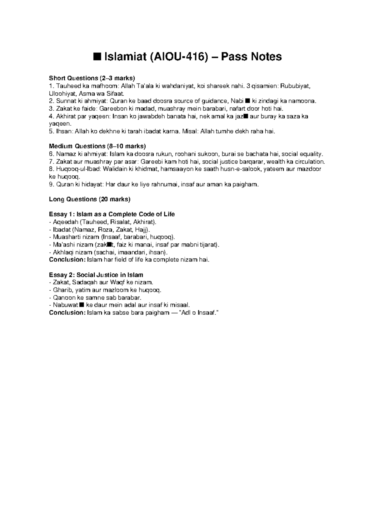 Islamiat 416 Pass Notes: Key Concepts and Questions - Studocu
