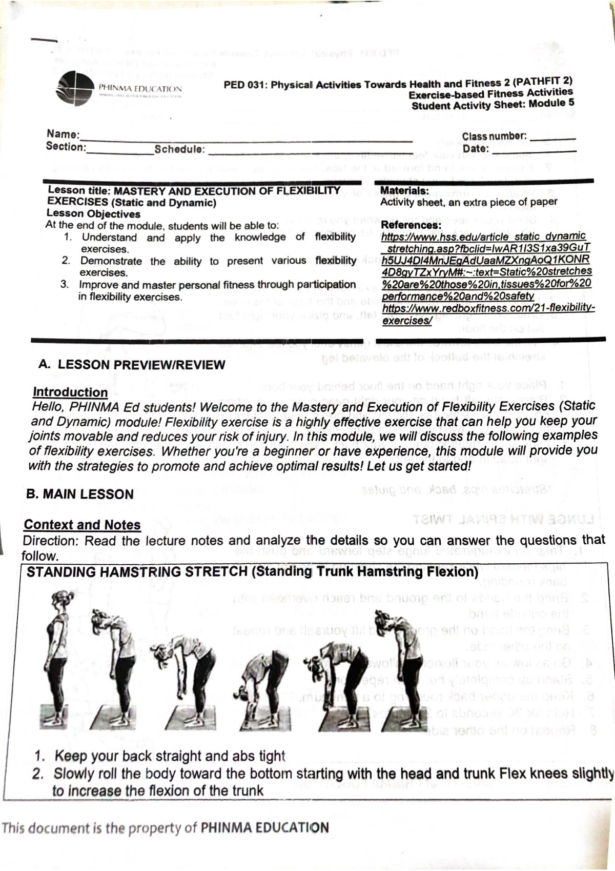 PHINMA EDUCATION PED 031: PATHFIT 2 Module 5 - Flexibility Exercises ...