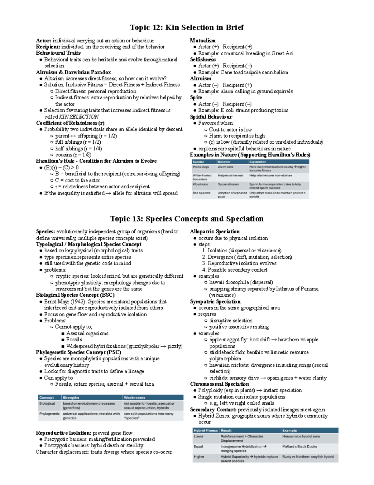 Ch12-15: Kin Selection & Species Concepts Overview Notes - Studocu