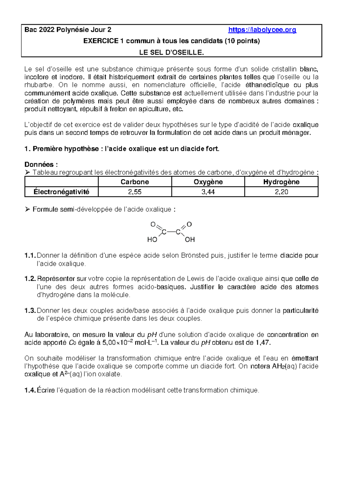 Acide:base et PH - sujet de bac sur acide/base et pH - Bac 2022 ...