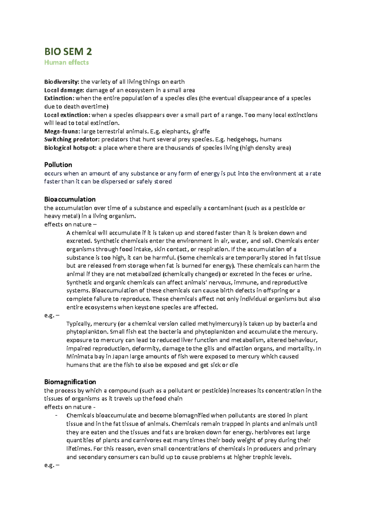 BIO SEM 2 Human Impact on Biodiversity and Ecosystem Dynamics - Studocu