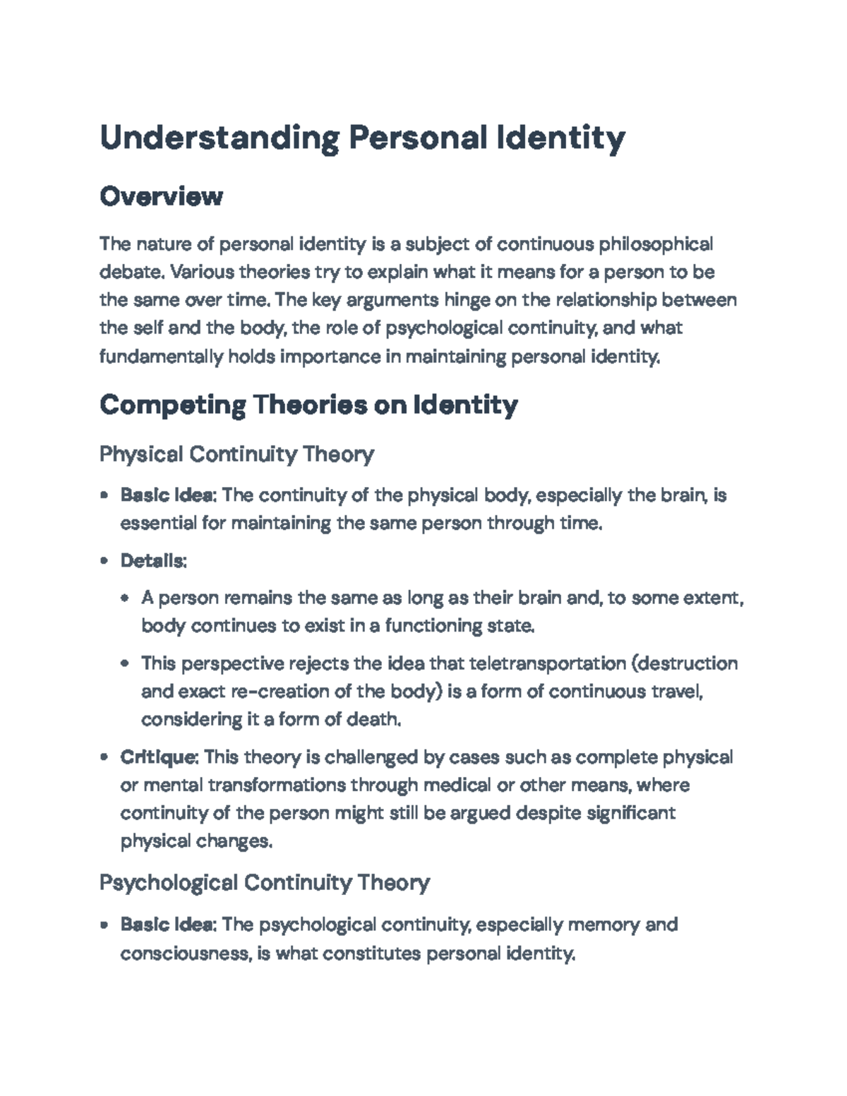 Understanding Personal Identity: Theories and Perspectives ...