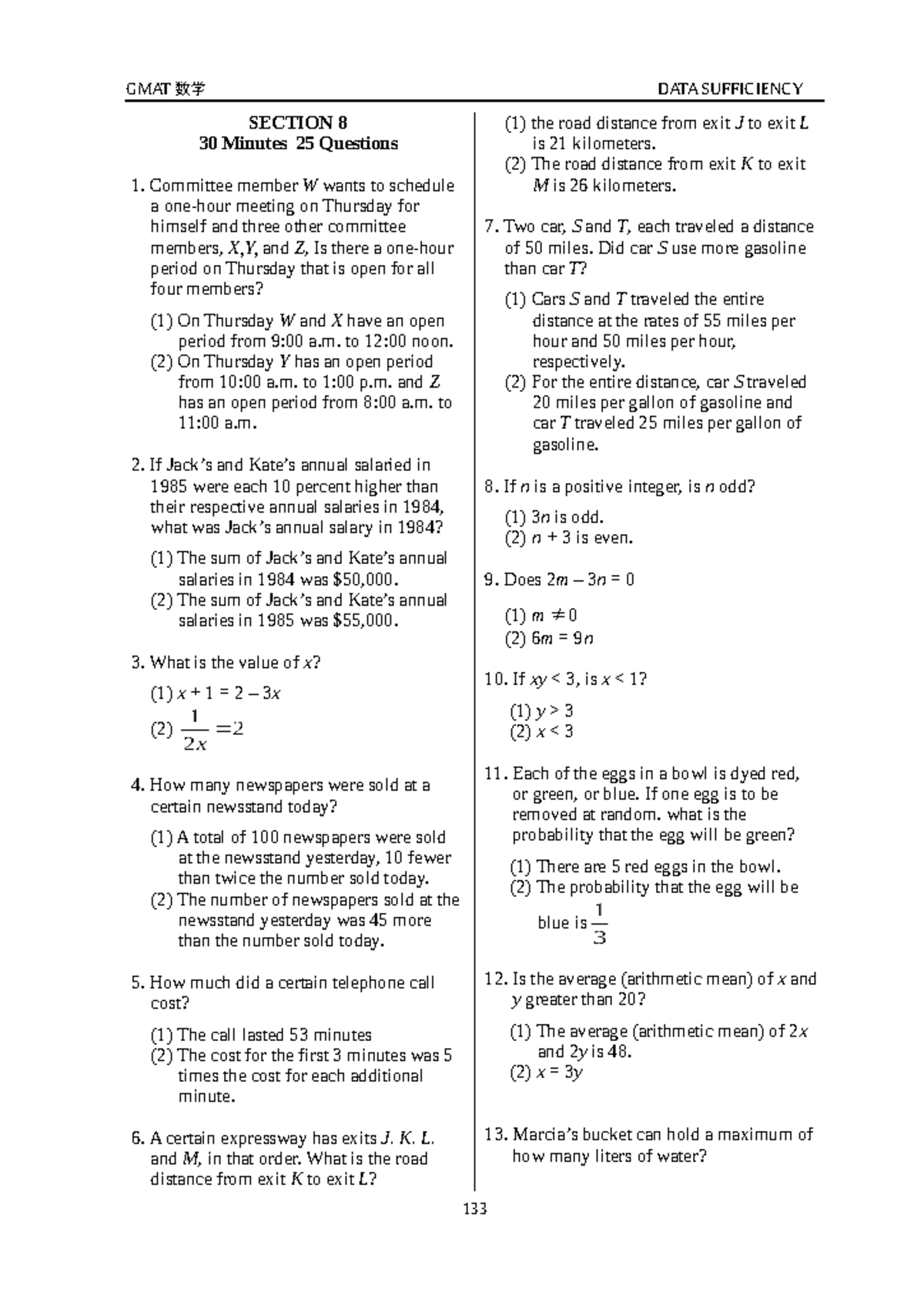 GMAT Math Data Sufficiency Section 8 - Practice Questions - Studocu
