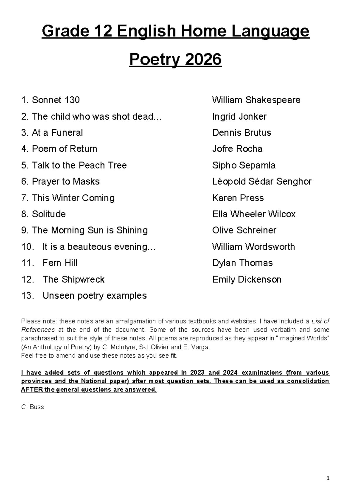 Grade 12 English Home Language Poetry Study Guide 2026 - Studocu