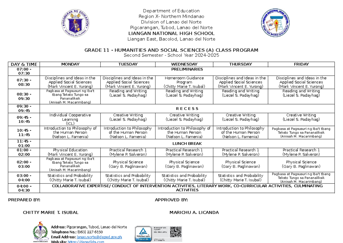 SHS- Class- Program-2024-2025-2nd-Quarter-per-section V2 - Address ...