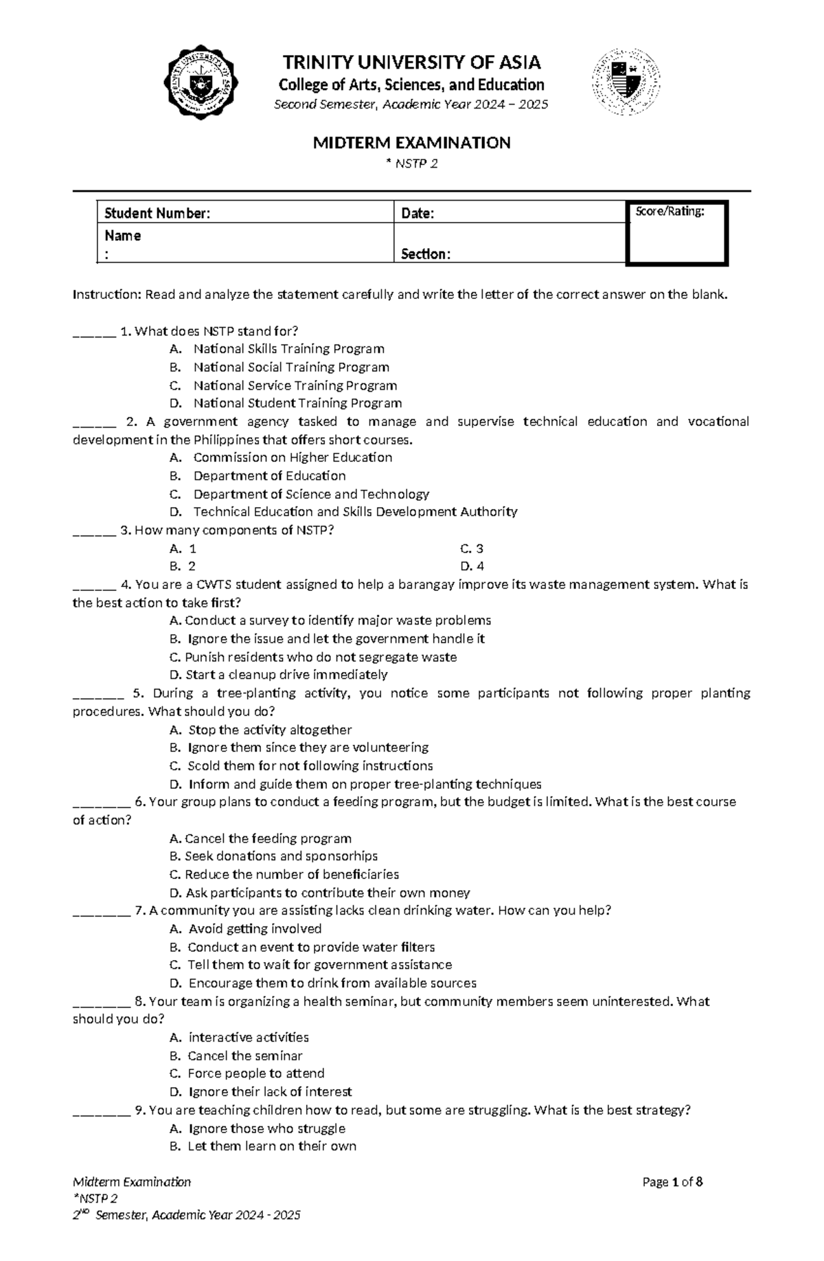 NSTP 2 Midterm Examination - Sample Questions and Answers - Studocu