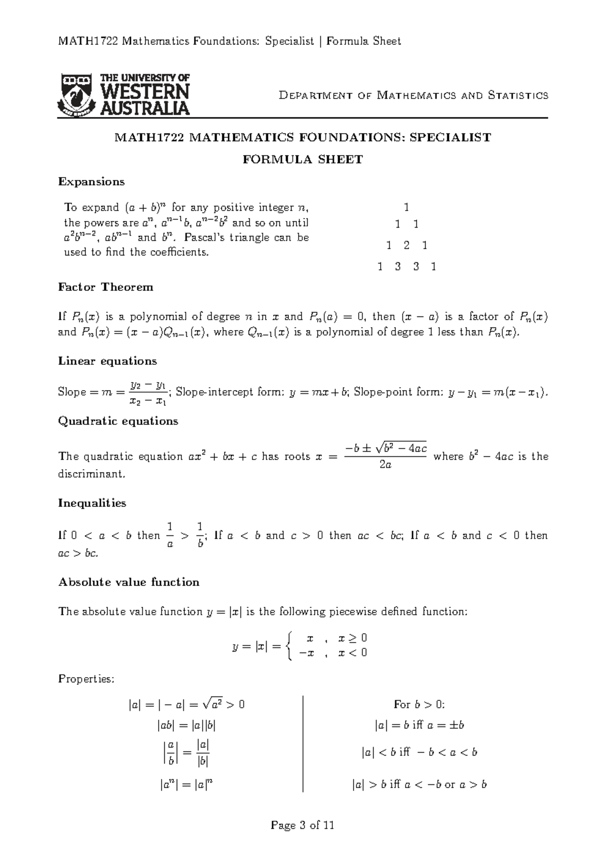 MATH1722 Mathematics Foundations: Comprehensive Formula Sheet - Studocu