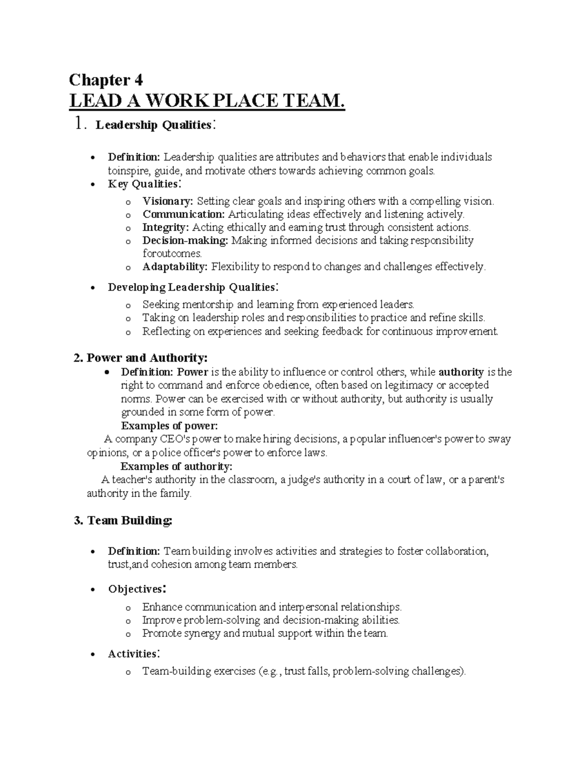 Chapter 4 - Leading a Workplace Team: Key Concepts and Strategies - Studocu