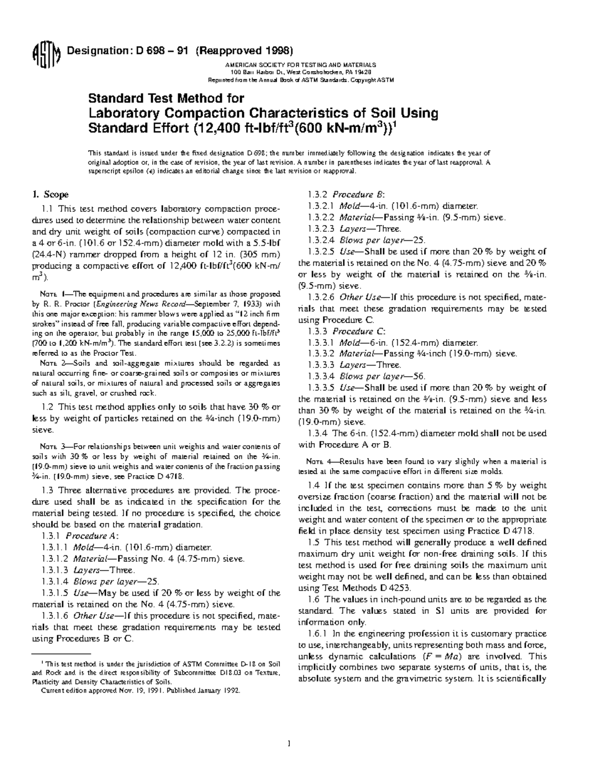 ASTM D 698 Standard Test Method for Soil Compaction Characteristics ...