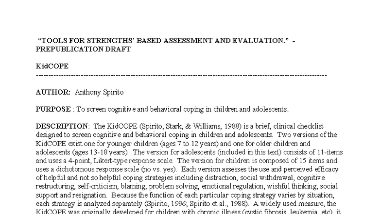 KidCOPE Assessment: Coping Strategies in Children & Adolescents - Studocu