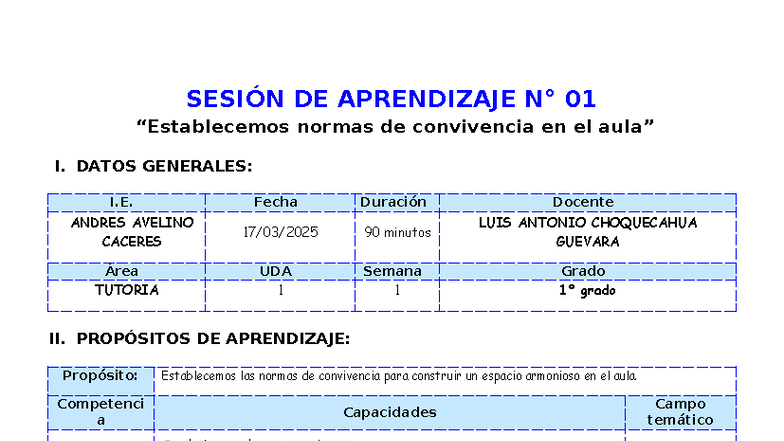 SESION DE APRENDIZAJE 01: Normas de Convivencia en Tutoria ES CD 2024 ...