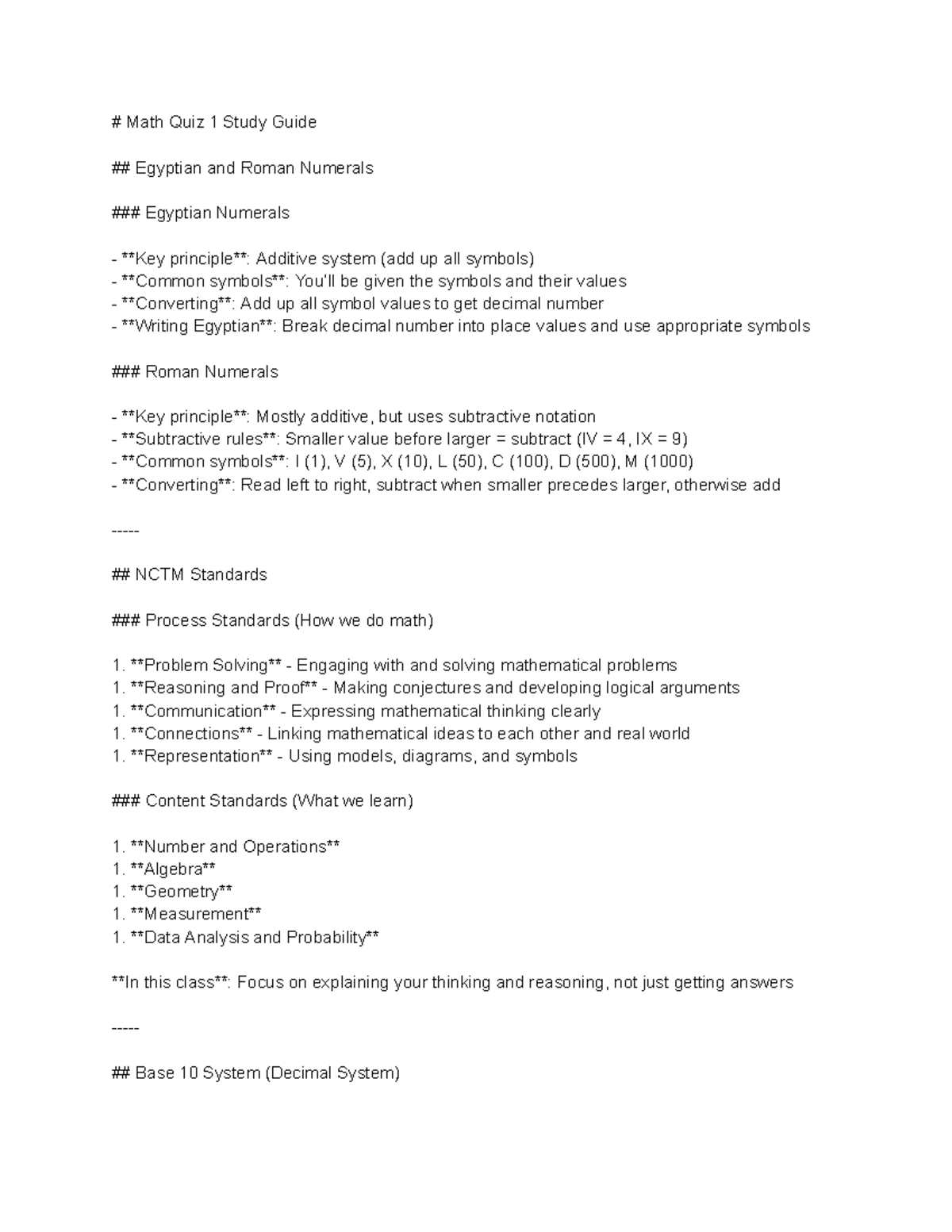 MAED 209 Math Quiz 1 Study Guide: Egyptian & Roman Numerals - Studocu