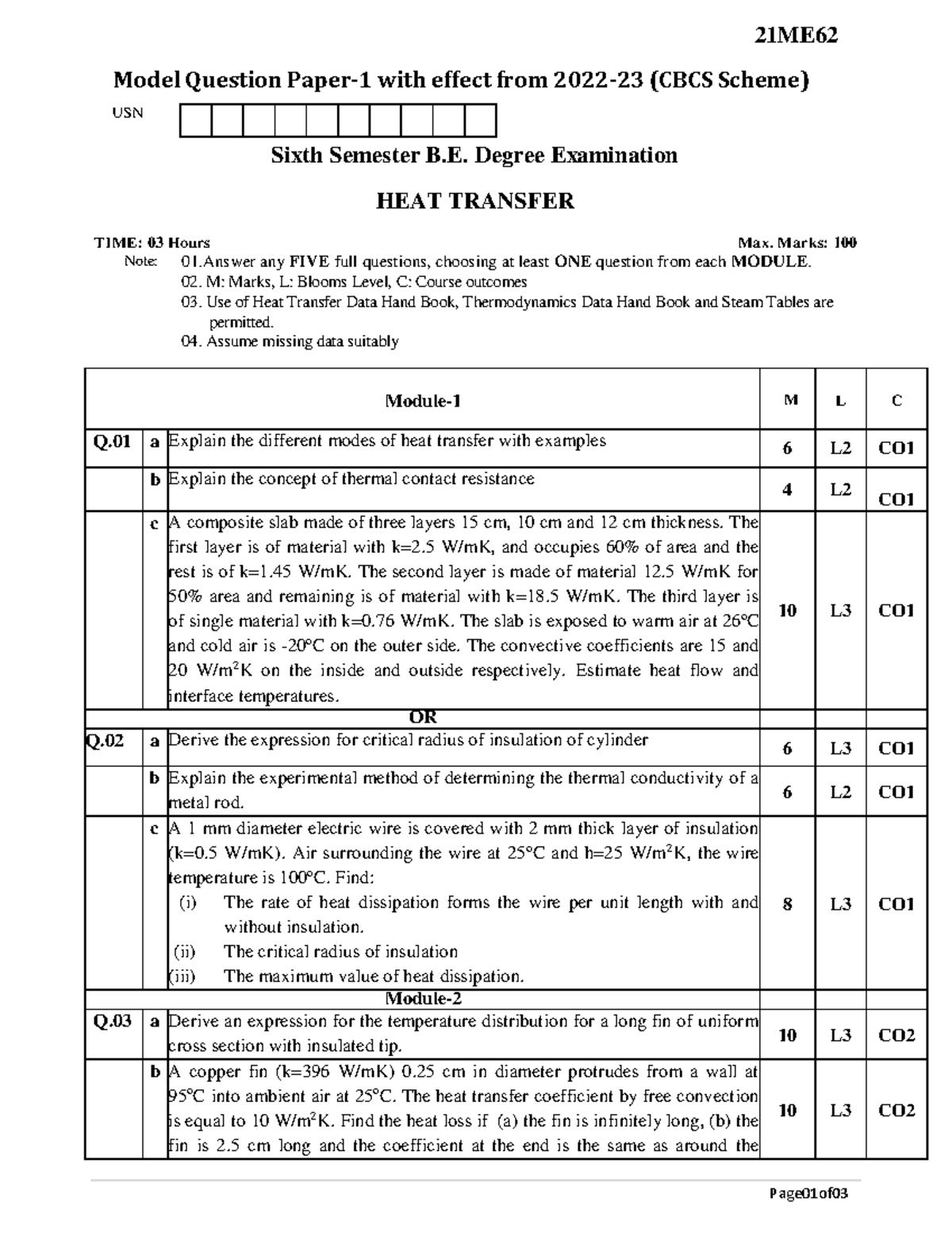 21ME62 - Model Question Paper for Heat Transfer Midterm Exam - Studocu