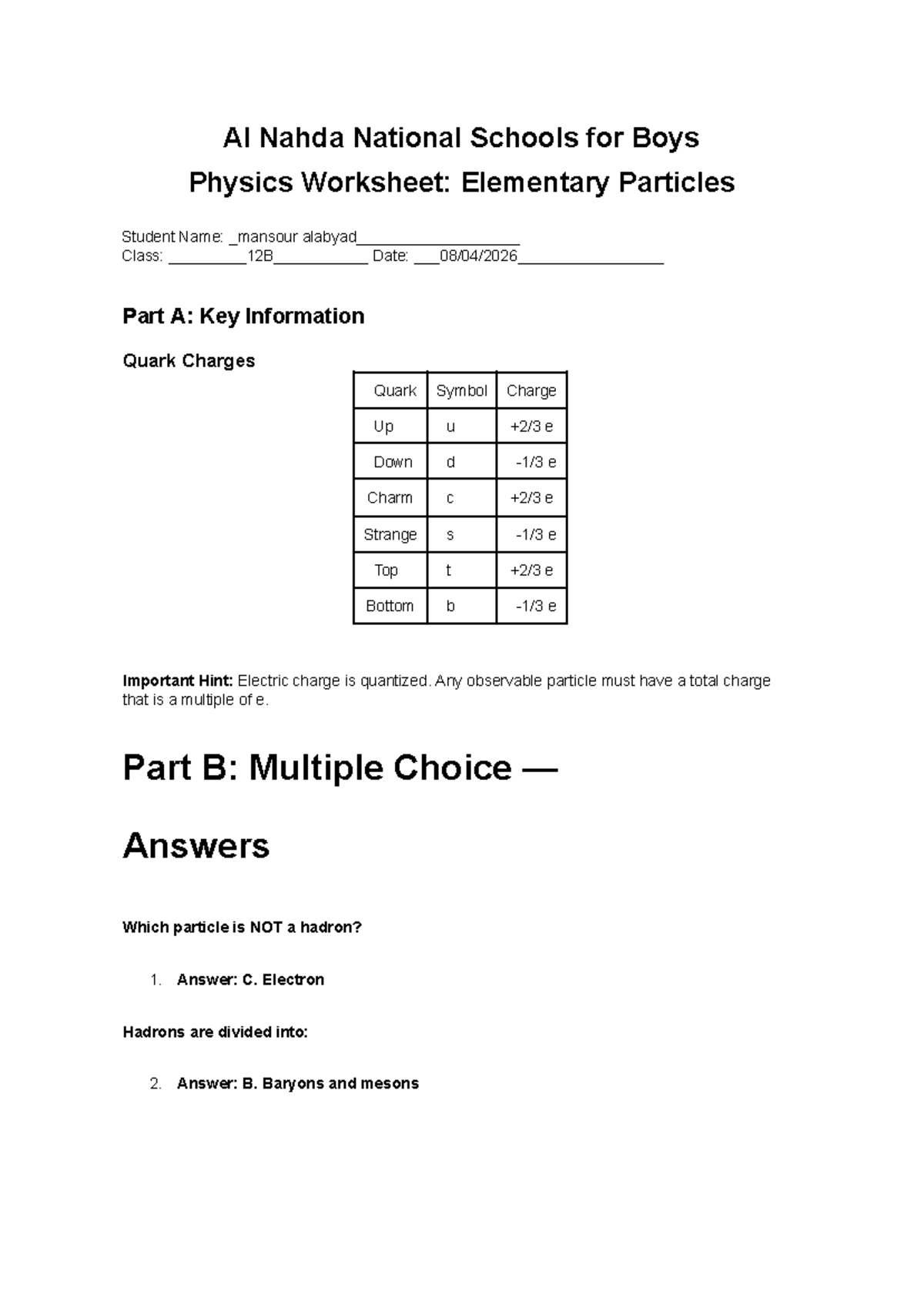 Elementary Particles Worksheet: Physics for Al Nahda National Schools ...