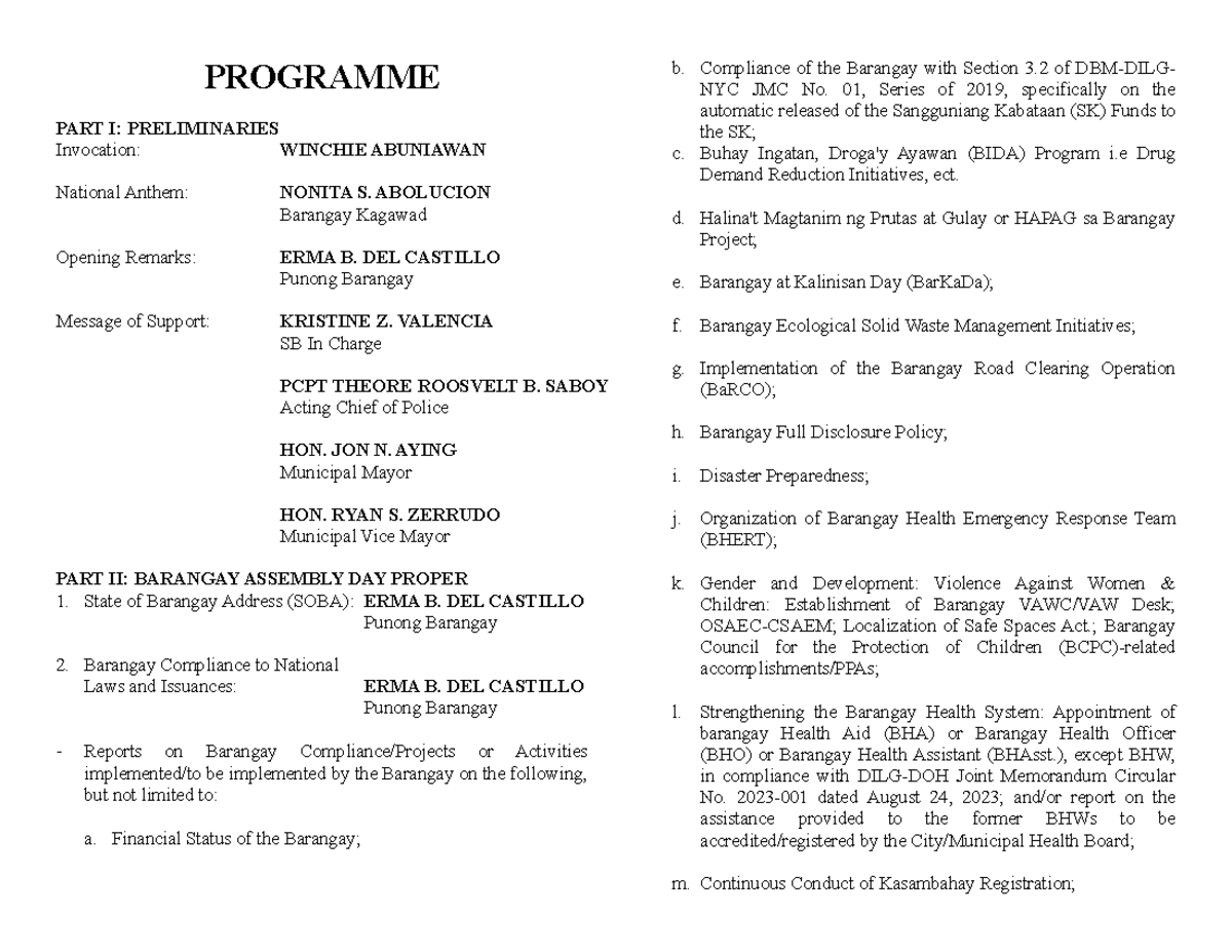 Barangay Assembly Programme: Preliminaries & SOBA Report - Studocu