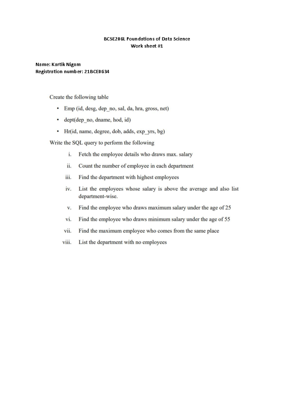 BCSE206L Worksheet-1: Foundations of Data Science Queries and Tables ...