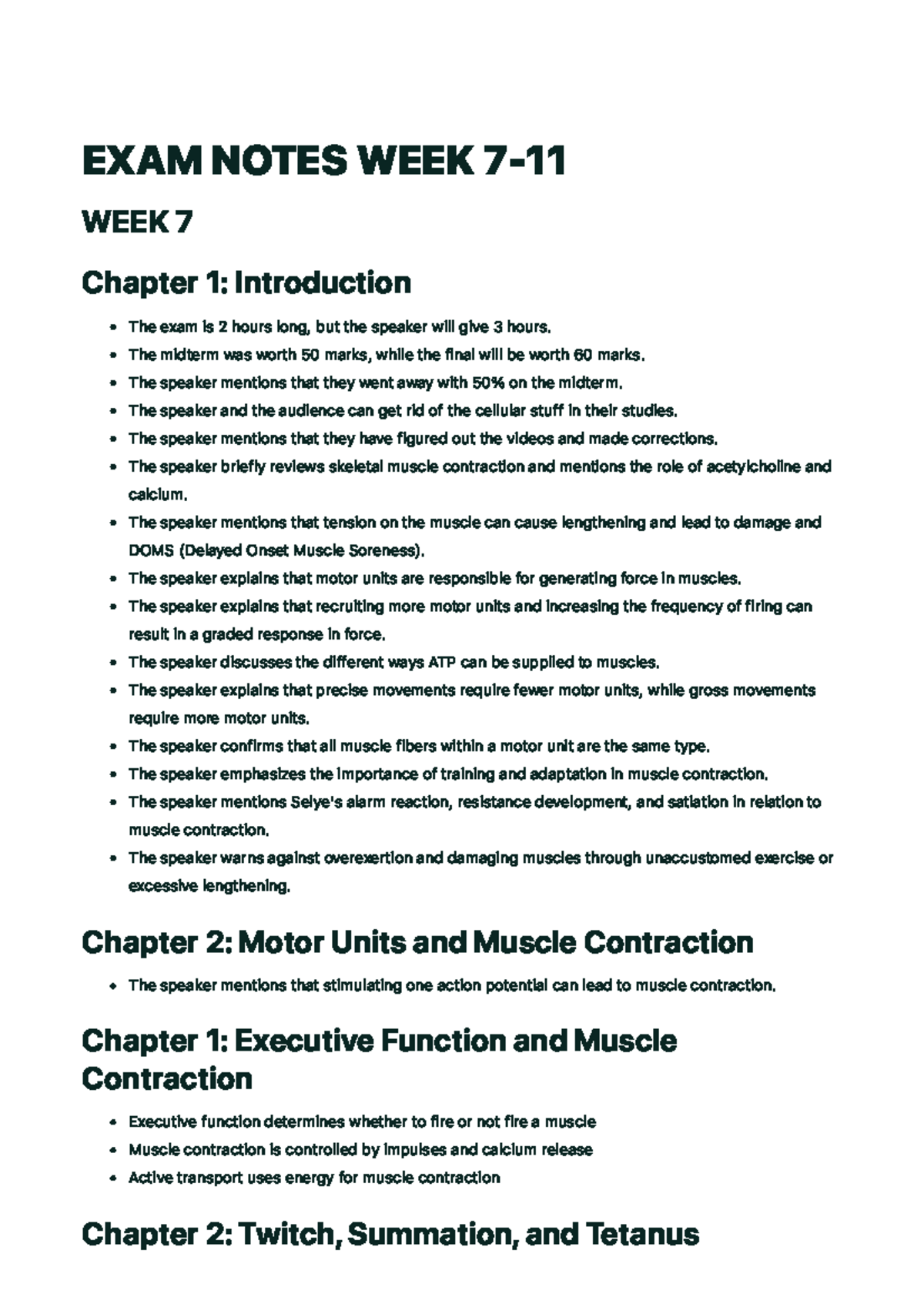 EXAM Notes for Muscle Contraction (WEEKS 7-11) - Study Guide - Studocu