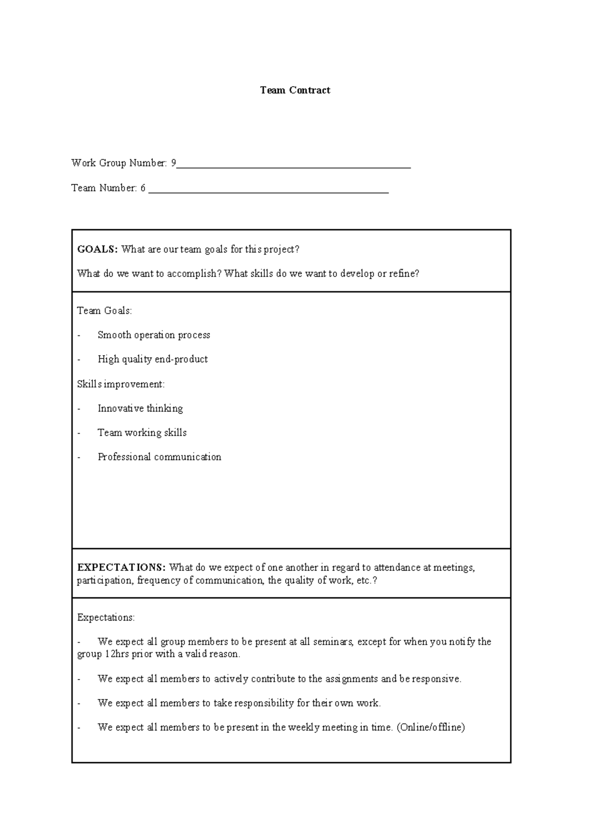 Team Contract for Work Group 6: Goals, Expectations & Policies - Studocu